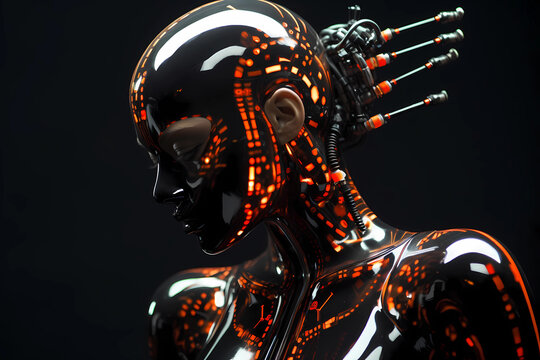 With a seamless fusion of cutting-edge technology and human potential, a female dons an android shell, a cybernetic exoskeleton meticulously designed to enhance her innate abilities
