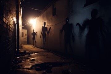 Shadow creatures haunt dark alleys. - obrazy, fototapety, plakaty