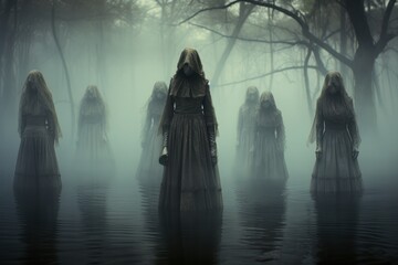 Misty Swamp Haunts: Ghostly Figures.