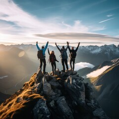 Hikers victorious atop mountain after arduous ascent. - obrazy, fototapety, plakaty