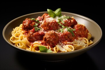 Delicious spaghetti with tomato sauce, meatballs and parmesan