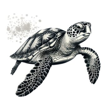 Hawksbill Turtle Engraving with 1800s Style Illustration on White Background - Vintage Vibes!