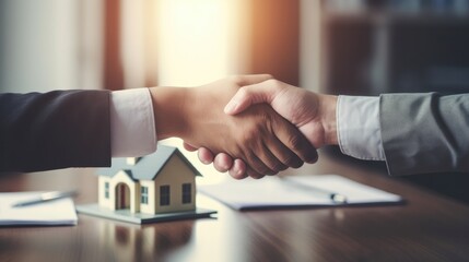Fototapeta na wymiar lease, rental and selling home. Dealership manager handshake customer to the new homeowner. rent house, Sales, loan credit financial, insurance, Seller, dealer, installment gen by AI