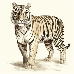 Vintage-style Engraved Illustration of Indochinese Tiger on White Background, reminiscent of 1800s Engravings