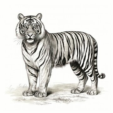 1800s-style engraving depicts Indochinese Tiger on white background