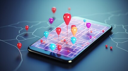 Smartphone with map, 3D Map pins, GPS, navigator pin checking points, 3D World Map icon, technology and application mobile smart phone with mobile, delivery tracking, transportation, generate by AI