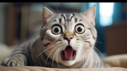 urprised cat make big eyes. American shorthair surprised cat or kitten funny face big eyes, cute, domestic, kitten, feline, Emotional surprised, kitty, wow - obrazy, fototapety, plakaty