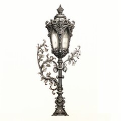 Fototapeta na wymiar Victorian Street Lamp Engraving on White: Intricate Illumination