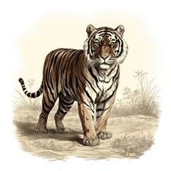 Vintage engraving of Javan Tiger in 1800s style on white background.