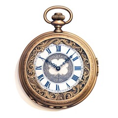 Antique pocket watch intricately engraved on white.