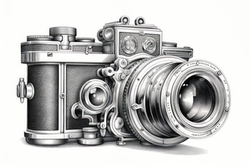 Detailed engraving of vintage camera on white background - 668782170