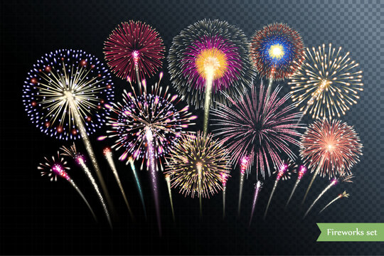 Group of vector fireworks isolated on transparent background.
