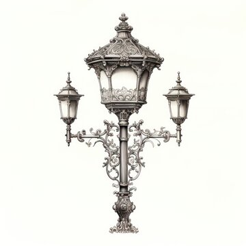 Victorian street lamp intricately engraved on white