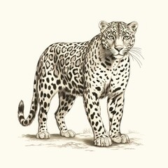 Vintage Leopard Engraving in 1800s Style Illustration on White Background.