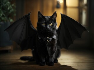a cute black cat with bat wings. Generative AI - obrazy, fototapety, plakaty