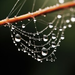 Macro shot captures raindrops on delicate spider web.