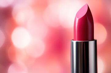 Red lipstick close-up on bright blurred bokeh background. Cosmetic product.