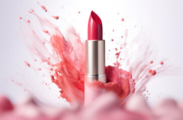 Red lipstick in the center of paint splash on light background. Cosmetic product. Pastel colors.