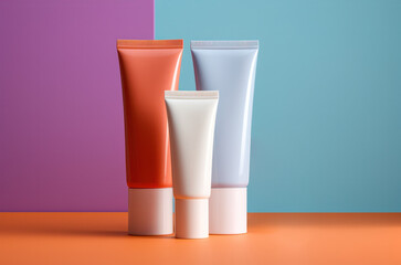 Cosmetic tubes of different colors on clean colorful background. Beauty products.
