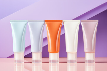 Five cosmetic tubes of different colors on clean colorful background. Beauty products.