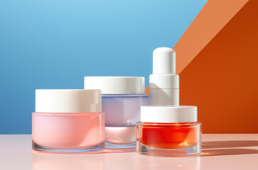 Some cosmetic jars on clean colorful background. Beauty products.