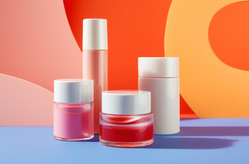 Some cosmetic jars on clean colorful background. Beauty products.