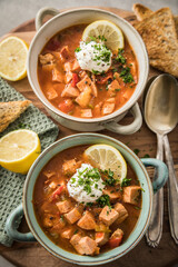 Ost Deutsche DDR GDR Soljanka Eintopf Suppe mit Jagdwurst, Saure Gurken, Letscho, Schmand, Zitrone, Toast und Petersilie auf Holzbrett mit Löffel, Salzstreuer und hell grau Stein Hintergrund