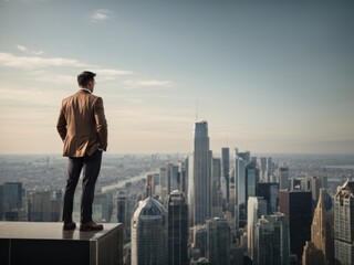Fototapeta na wymiar A professional trader stands at top of skyscraper. Generative AI