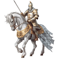 Medieval knight on white steed, isolated. - obrazy, fototapety, plakaty