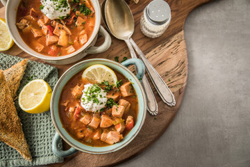 Ost Deutsche DDR GDR Soljanka Eintopf Suppe mit Jagdwurst, Saure Gurken, Letscho, Schmand, Zitrone, Toast und Petersilie auf Holzbrett mit Löffel, Salzstreuer und hell grau Stein Hintergrund