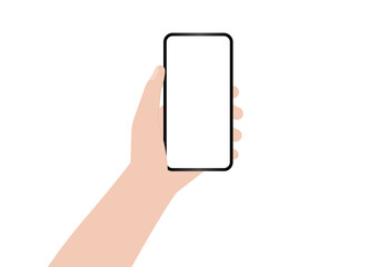 Hand Holding Smartphone with Blank Screen. Vector Illustration Isolated on White Background. 