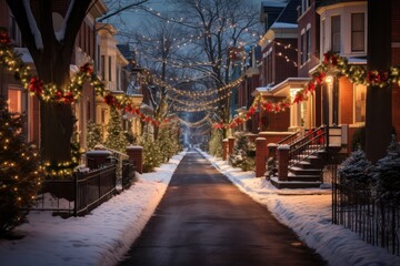 Obraz premium Festive Lights Illuminate Neighborhood Streets
