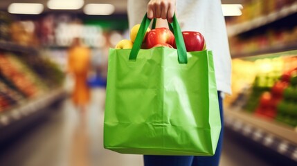 Customer carrying a green reusable bag filled with produce, with a blurred supermarket aisle in the background."