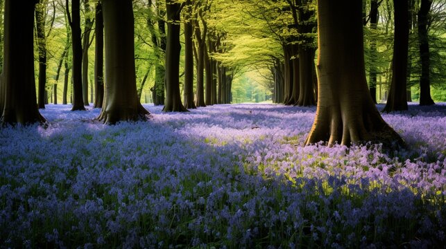 A cluster of bluebells carpeting the forest floor, painting a fairy-tale landscape.