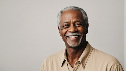 Mature black man smiling with plain white background 