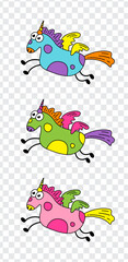 Funny cartoon cute bright unicorn with wings. Set of vector illustrations on transparent background