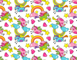 Funny cartoon cute unicorn with wings flies across the sky with a rainbow and stars on a light white background. Seamless pattern, print, vector illustration