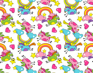 Obraz premium Funny cartoon cute unicorn with wings flies across the sky with a rainbow and stars on a light white background. Seamless pattern, print, vector illustration