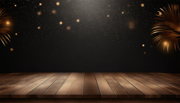 Black Friday background with wooden floor and blurred lights. Black Friday concept