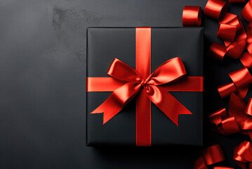 Flat lay gift box with a red bow on a black background. The concept of Black Friday sales