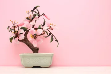 Rolgordijnen Artificial sakura bonsai tree on ceramic pot with pink background. Glass cherry blossom for home decor. Spring flower branch in scandi style interior. Hygge design. Zen, relax concept. Copy space © Lidia