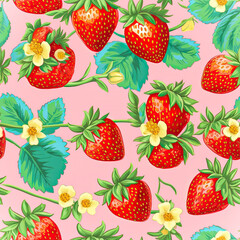 Summer's Sweet Symphony: A Strawberry and Flower Ensemble on a Pink Canvas,seamless pattern with strawberries