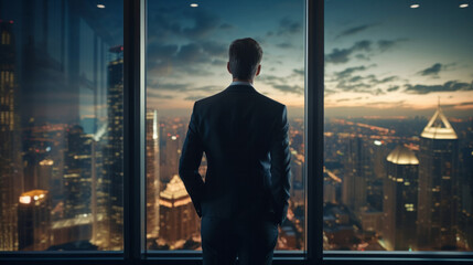 Fototapeta na wymiar Silhouette of a businessman or executive looking at a cityscape from his office or home window