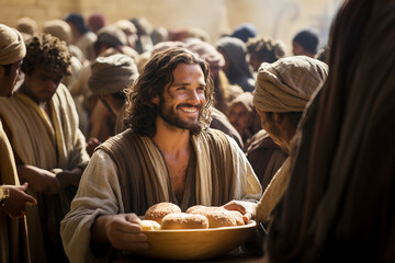 Jesus Christ gives people bread, a miracle of feeding people - obrazy, fototapety, plakaty