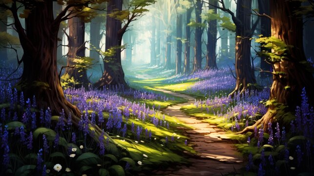 A cluster of bluebells carpeting the forest floor, painting a fairy-tale landscape.