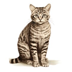 1800s Vintage Style Rusty-Spotted Cat Engraving Illustration on White Background - 668784128