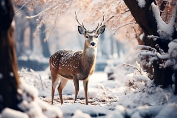 Beautiful spotted deer in the forest in the winter forest in the morning in the fog