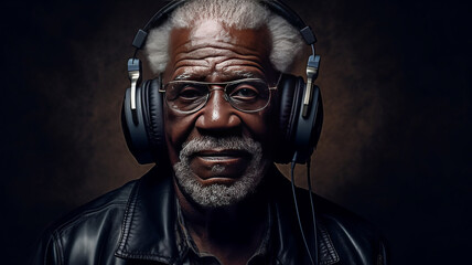 Cool old black man wearing headphones listening music Grandpa listens to music,generative ai