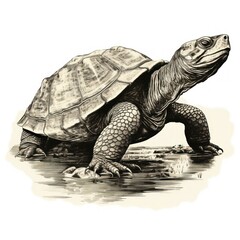 Vintage Style Engraved Snapping Turtle on White - 1800s Illustration Reproduction - 668784395