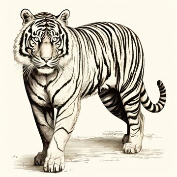 Vintage engraved Siberian tiger illustration on white background, reminiscent of 1800s style.